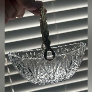 Mikasa Crystal Dish Diamond & Button Glass Gold Handle Basket 5"